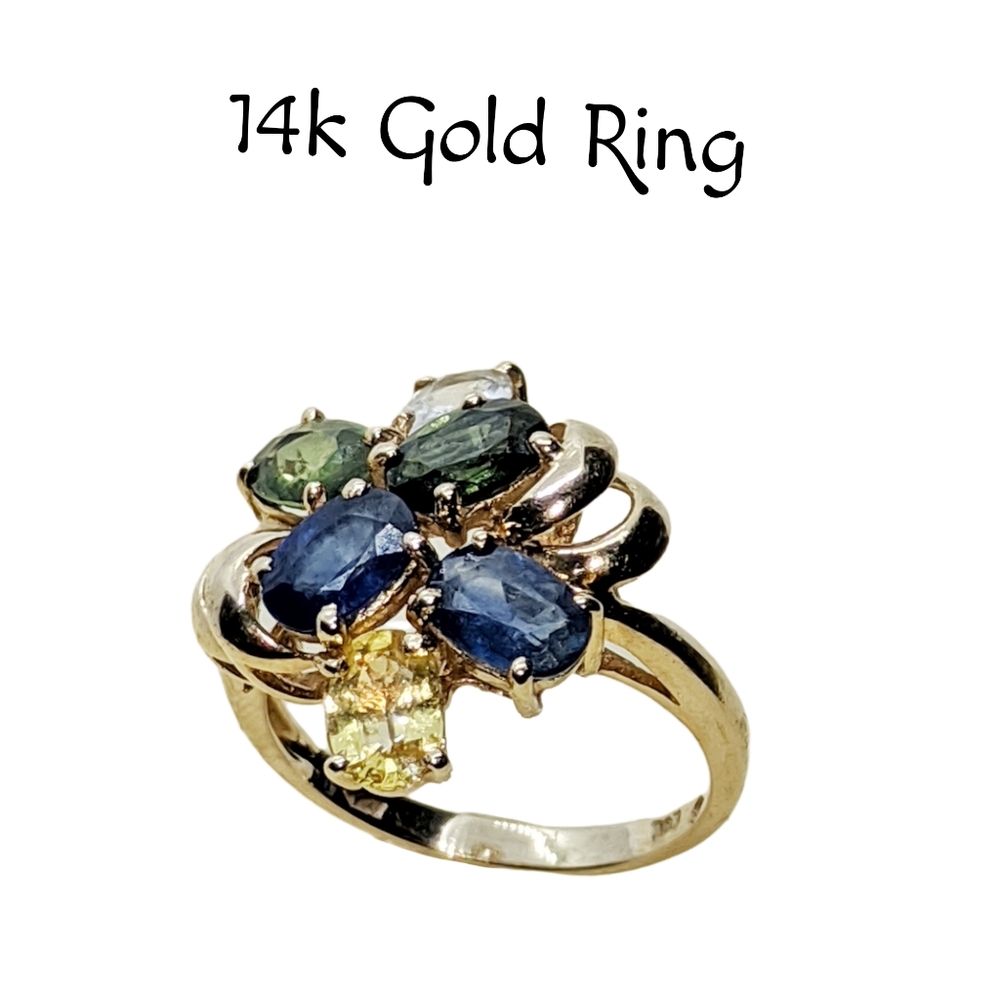 14k Gold ~ Asymmetrical Ring with Peridot, Sapphire, Topaz, Citrine, & Z… - Picture 6 of 7